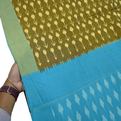 Indian Vintage Blue & Green Saree Ikat Printed Pure Cotton Sari Craft Fabric 5Yd Sewing Sarong Wrap Boho Dress Making Quilting Upcycle