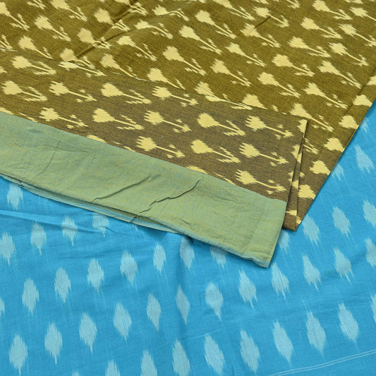 Indian Vintage Blue & Green Saree Ikat Printed Pure Cotton Sari Craft Fabric 5Yd Sewing Sarong Wrap Boho Dress Making Quilting Upcycle