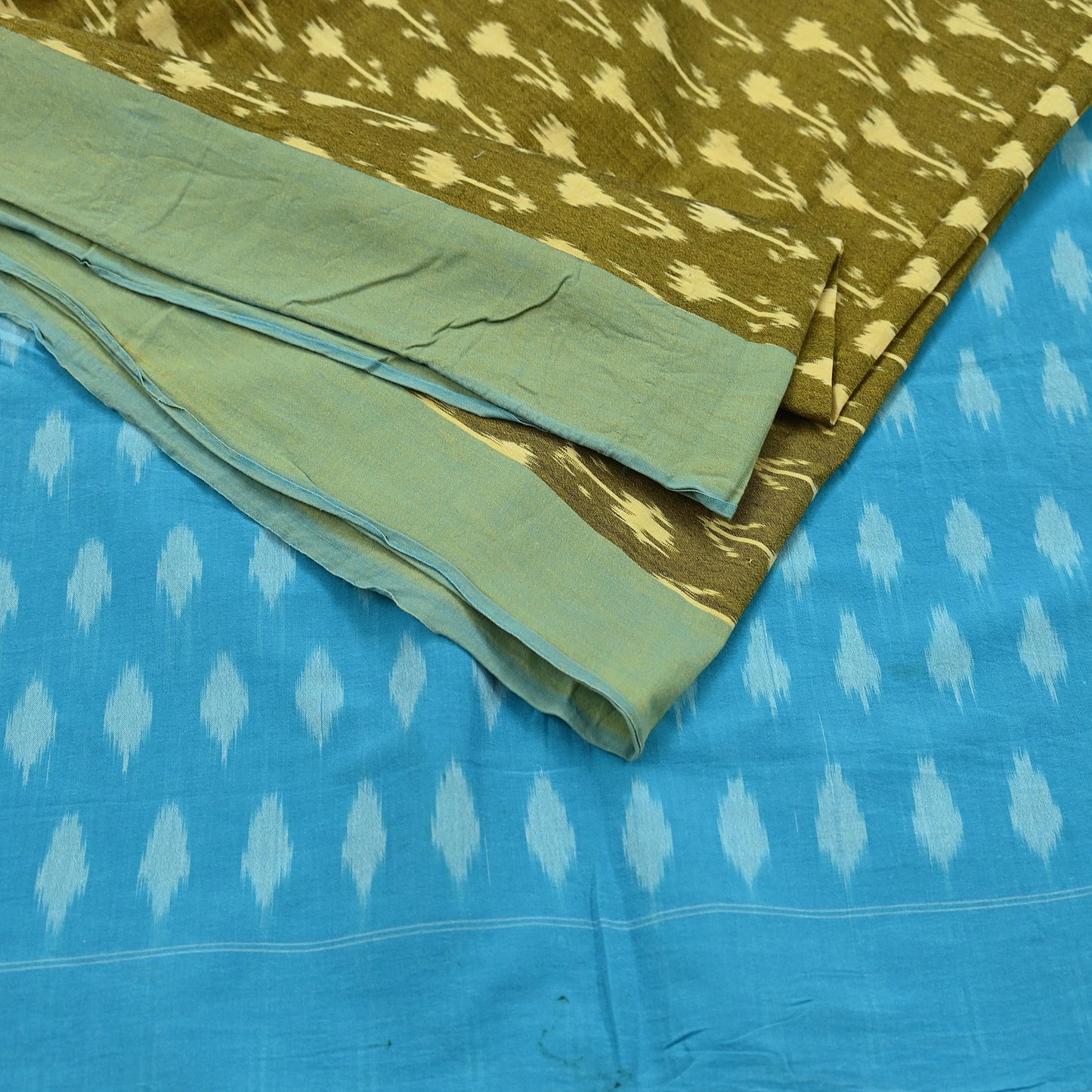 Indian Vintage Blue & Green Saree Ikat Printed Pure Cotton Sari Craft Fabric 5Yd Sewing Sarong Wrap Boho Dress Making Quilting Upcycle