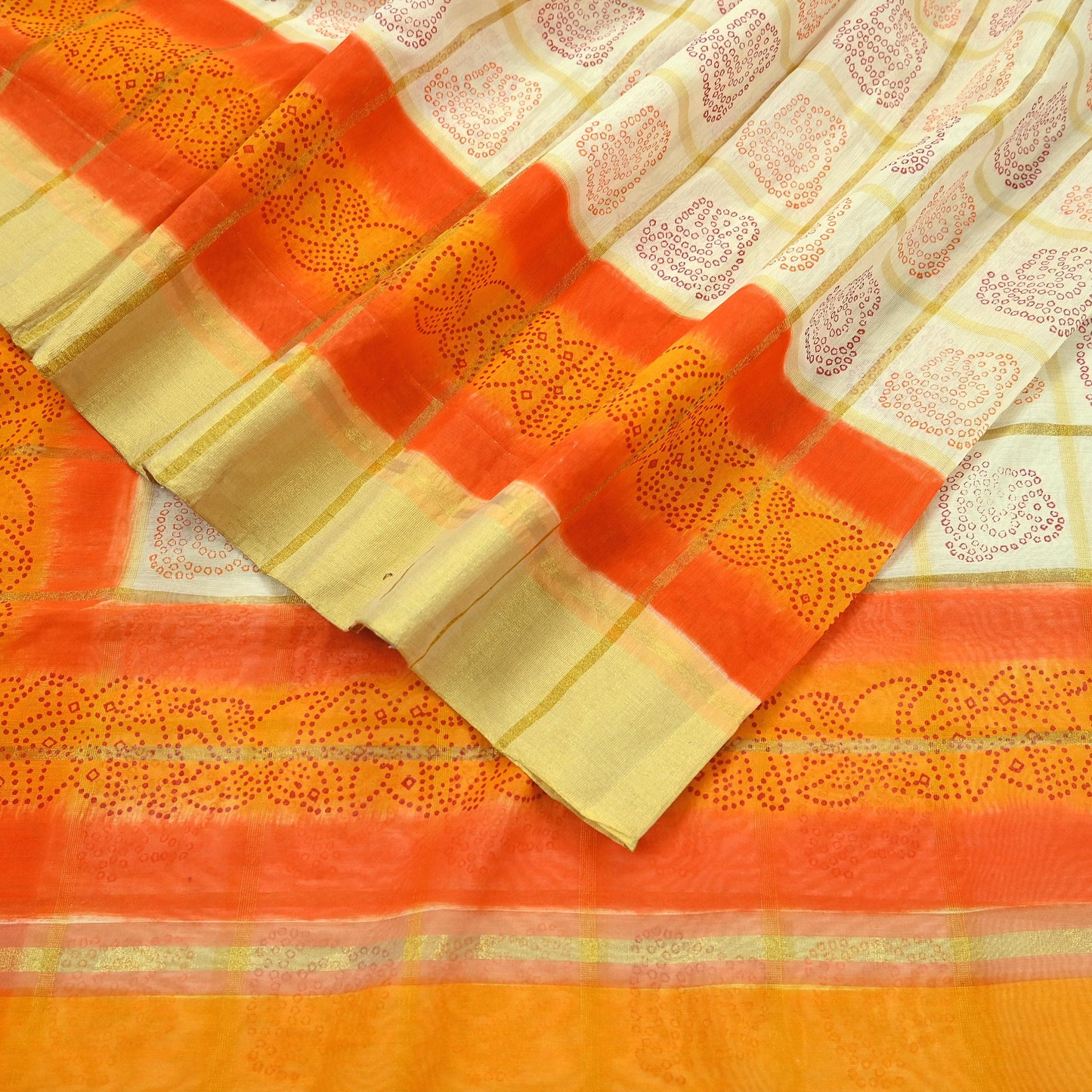 Indian Vintage Ivory Saree Cotton Bandhani Printed Sari Craft Fabric 5Yd Sewing Sarong Wrap Floral Dress Making Crafting Quilting Zari