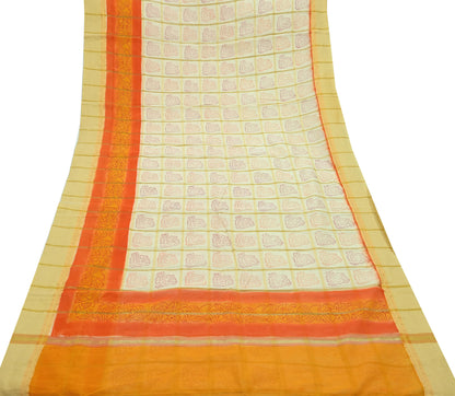 Indian Vintage Ivory Saree Cotton Bandhani Printed Sari Craft Fabric 5Yd Sewing Sarong Wrap Floral Dress Making Crafting Quilting Zari