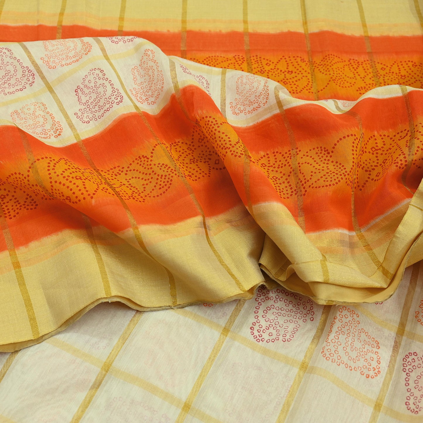 Indian Vintage Ivory Saree Cotton Bandhani Printed Sari Craft Fabric 5Yd Sewing Sarong Wrap Floral Dress Making Crafting Quilting Zari