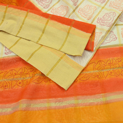 Indian Vintage Ivory Saree Cotton Bandhani Printed Sari Craft Fabric 5Yd Sewing Sarong Wrap Floral Dress Making Crafting Quilting Zari