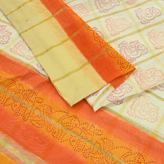 Indian Vintage Ivory Saree Cotton Bandhani Printed Sari Craft Fabric 5Yd Sewing Sarong Wrap Floral Dress Making Crafting Quilting Zari