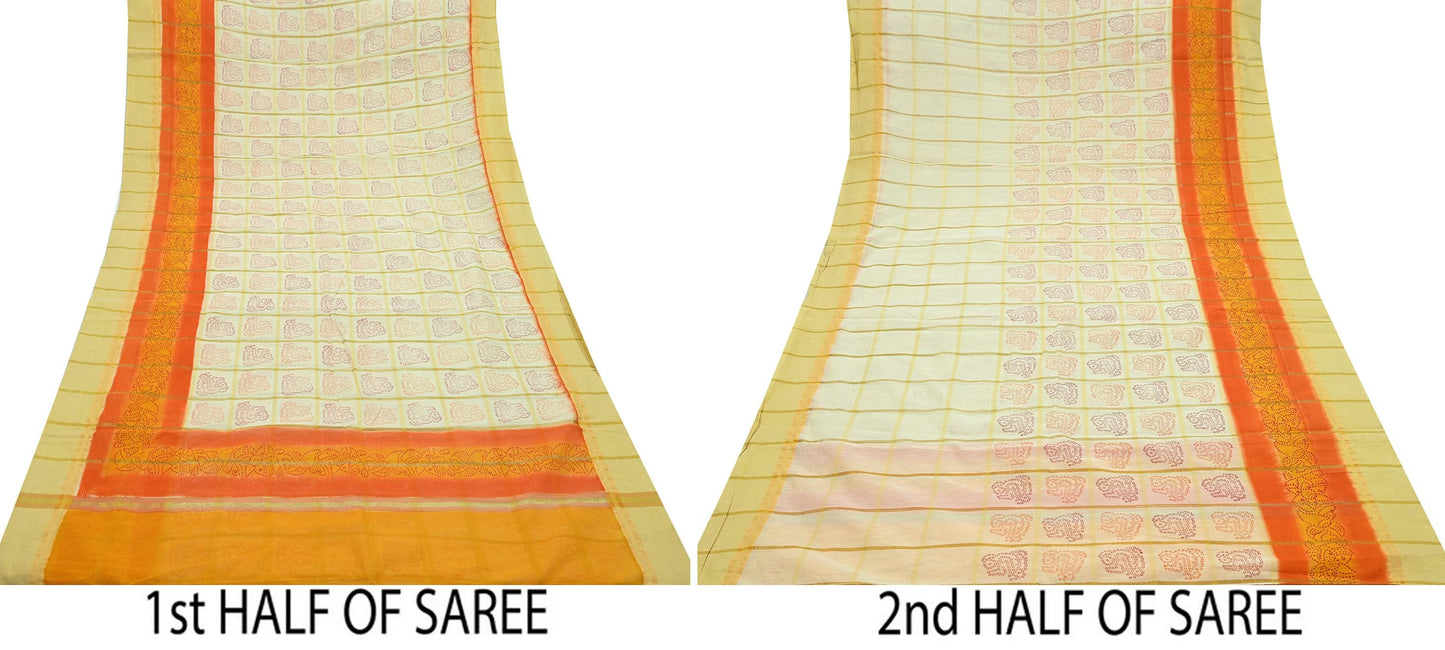 Indian Vintage Ivory Saree Cotton Bandhani Printed Sari Craft Fabric 5Yd Sewing Sarong Wrap Floral Dress Making Crafting Quilting Zari