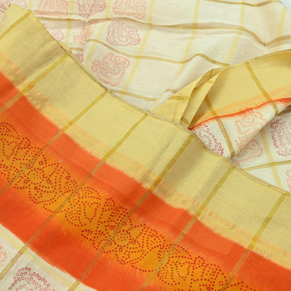 Indian Vintage Ivory Saree Cotton Bandhani Printed Sari Craft Fabric 5Yd Sewing Sarong Wrap Floral Dress Making Crafting Quilting Zari