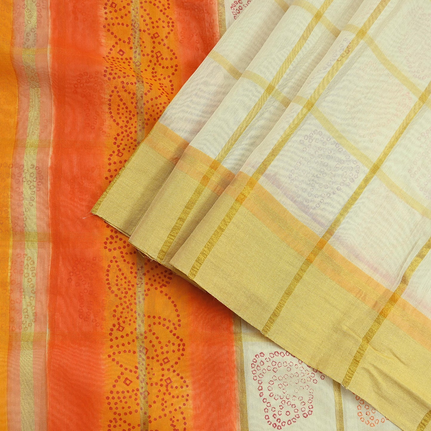 Indian Vintage Ivory Saree Cotton Bandhani Printed Sari Craft Fabric 5Yd Sewing Sarong Wrap Floral Dress Making Crafting Quilting Zari