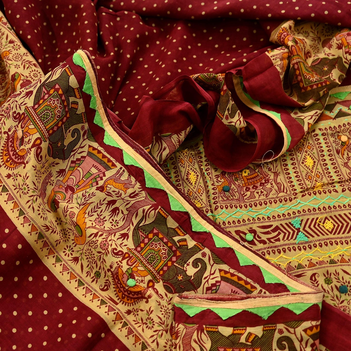 Indian Vintage Sari Maroon Pure Cotton Hand Embroidered Kutch Sarees 5yd Ethnic Soft Floral Design Dress making Crafting Patches