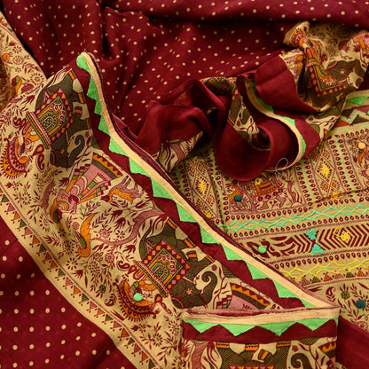 Indian Vintage Sari Maroon Pure Cotton Hand Embroidered Kutch Sarees 5yd Ethnic Soft Floral Design Dress making Crafting Patches