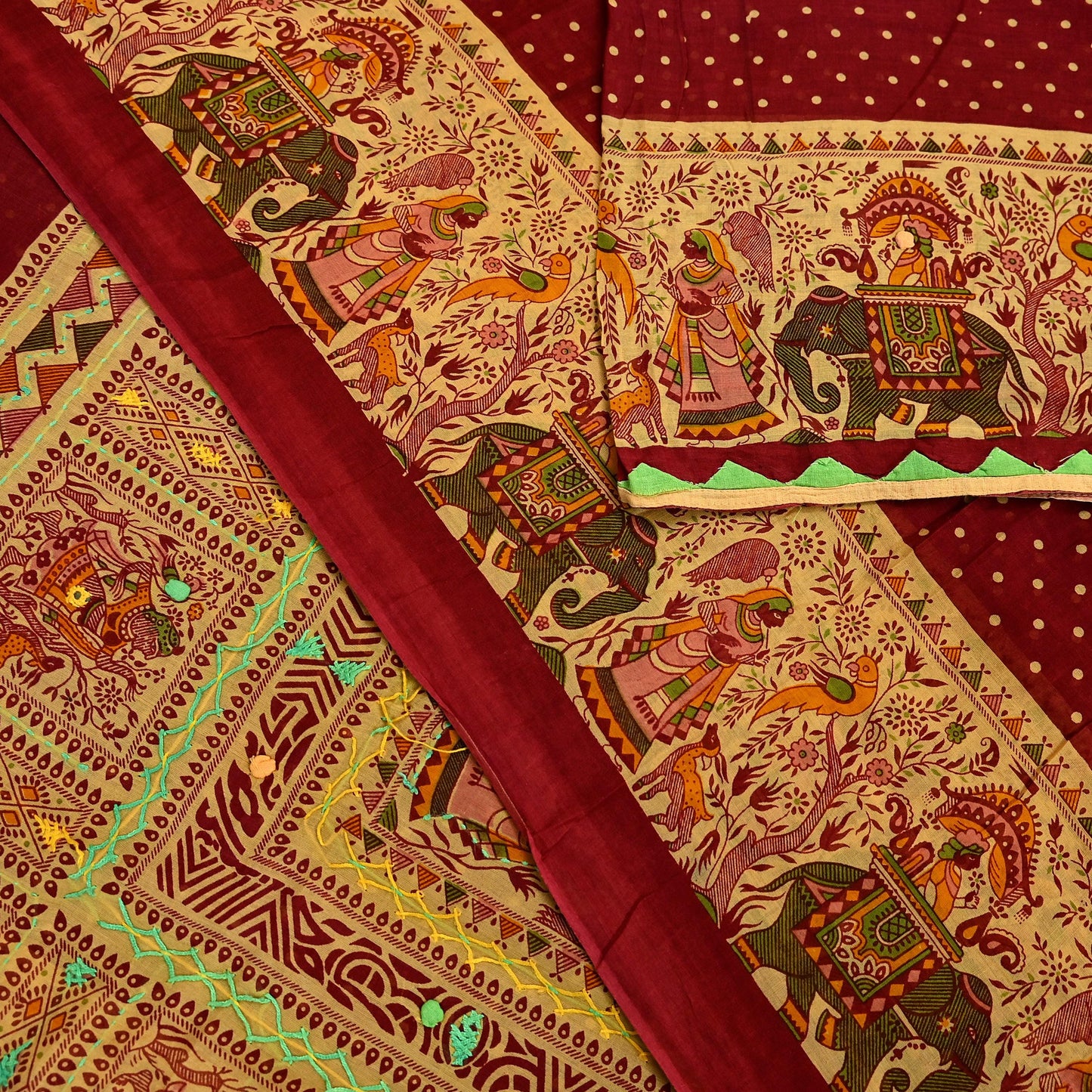 Indian Vintage Sari Maroon Pure Cotton Hand Embroidered Kutch Sarees 5yd Ethnic Soft Floral Design Dress making Crafting Patches