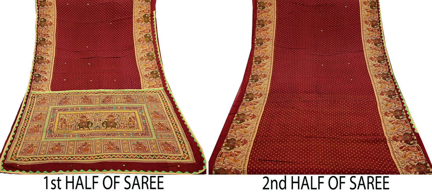 Indian Vintage Sari Maroon Pure Cotton Hand Embroidered Kutch Sarees 5yd Ethnic Soft Floral Design Dress making Crafting Patches