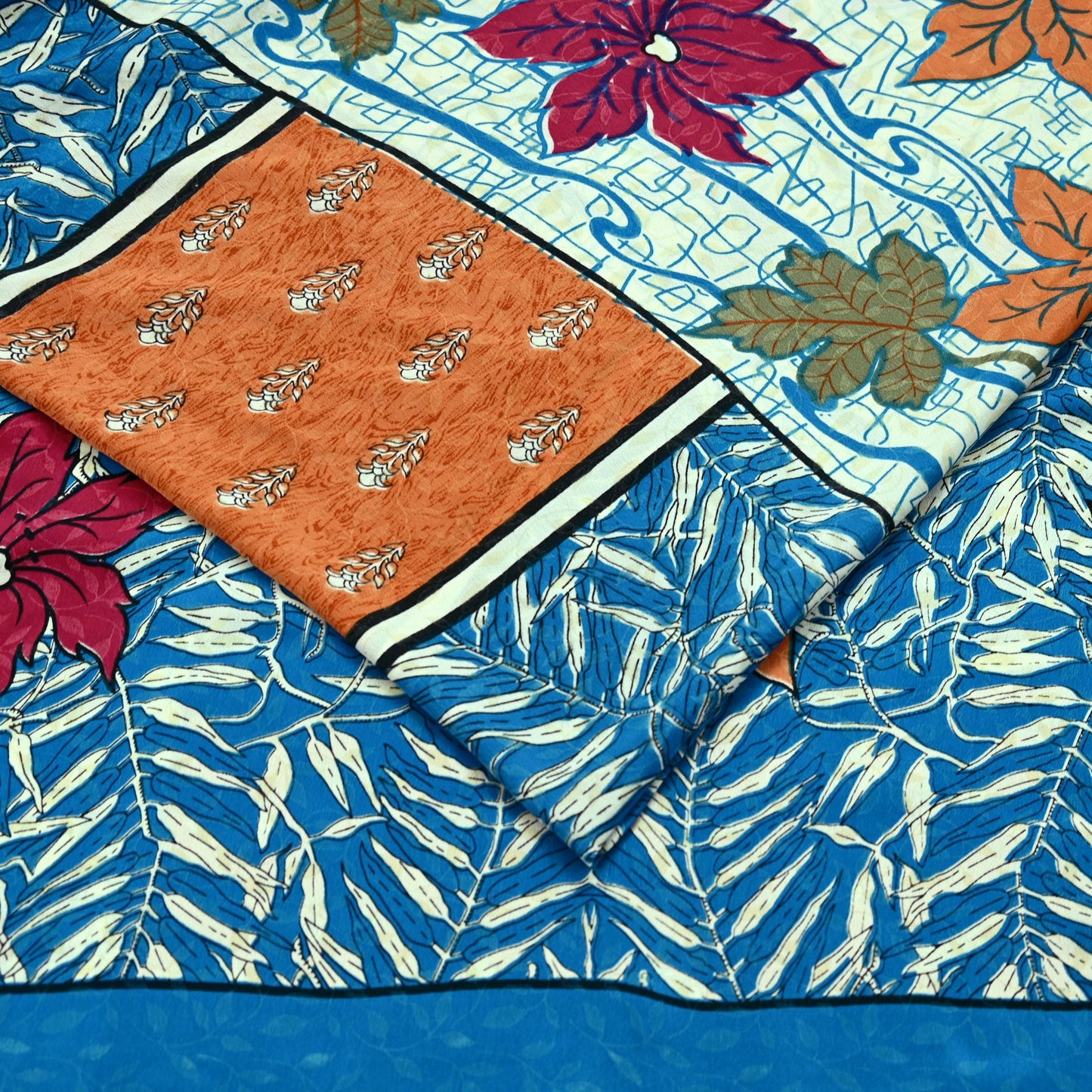 Indian Vintage Blue Saree Moss Crepe Printed Sari 5yd Sewing Floral Soft Craft Fabric Dressmaking For Crafting Quilting Upcycle Boho