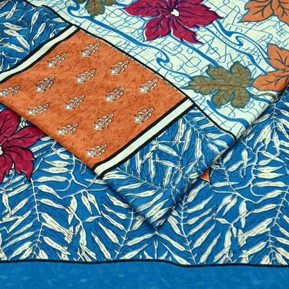 Indian Vintage Blue Saree Moss Crepe Printed Sari 5yd Sewing Floral Soft Craft Fabric Dressmaking For Crafting Quilting Upcycle Boho