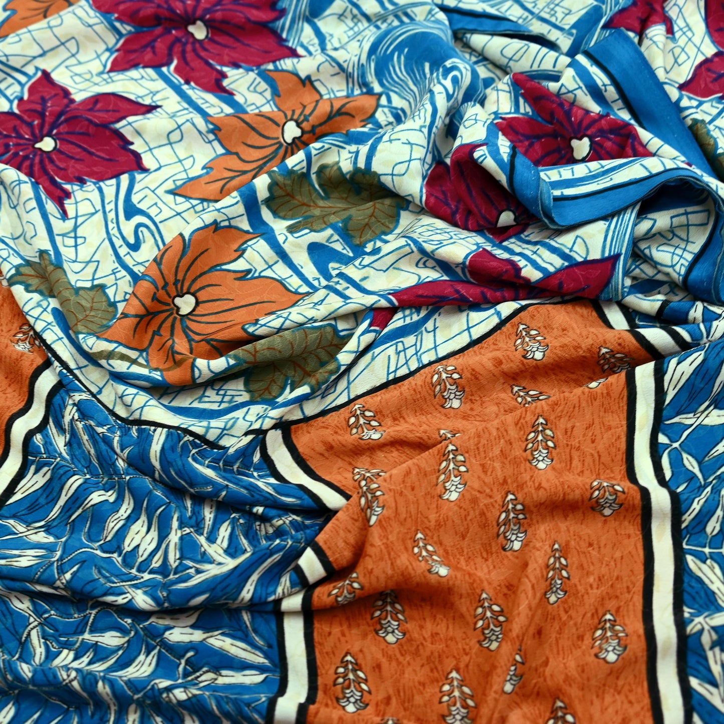 Indian Vintage Blue Saree Moss Crepe Printed Sari 5yd Sewing Floral Soft Craft Fabric Dressmaking For Crafting Quilting Upcycle Boho