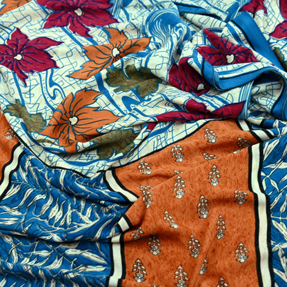 Indian Vintage Blue Saree Moss Crepe Printed Sari 5yd Sewing Floral Soft Craft Fabric Dressmaking For Crafting Quilting Upcycle Boho