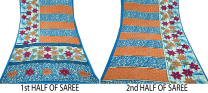 Indian Vintage Blue Saree Moss Crepe Printed Sari 5yd Sewing Floral Soft Craft Fabric Dressmaking For Crafting Quilting Upcycle Boho