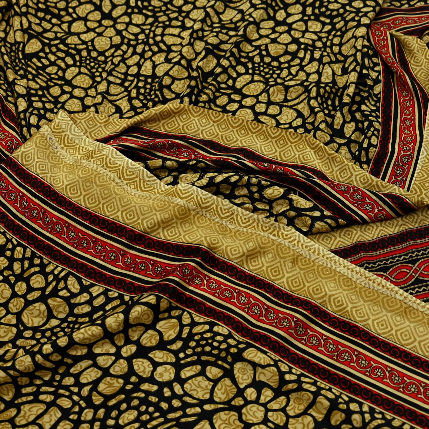 Indian Vintage Saree Beige & Black Moss Crepe Printed Sari | 5 Yards | Polka Dot Soft Fabric for Sewing, Dressmaking, Crafting, Quilting