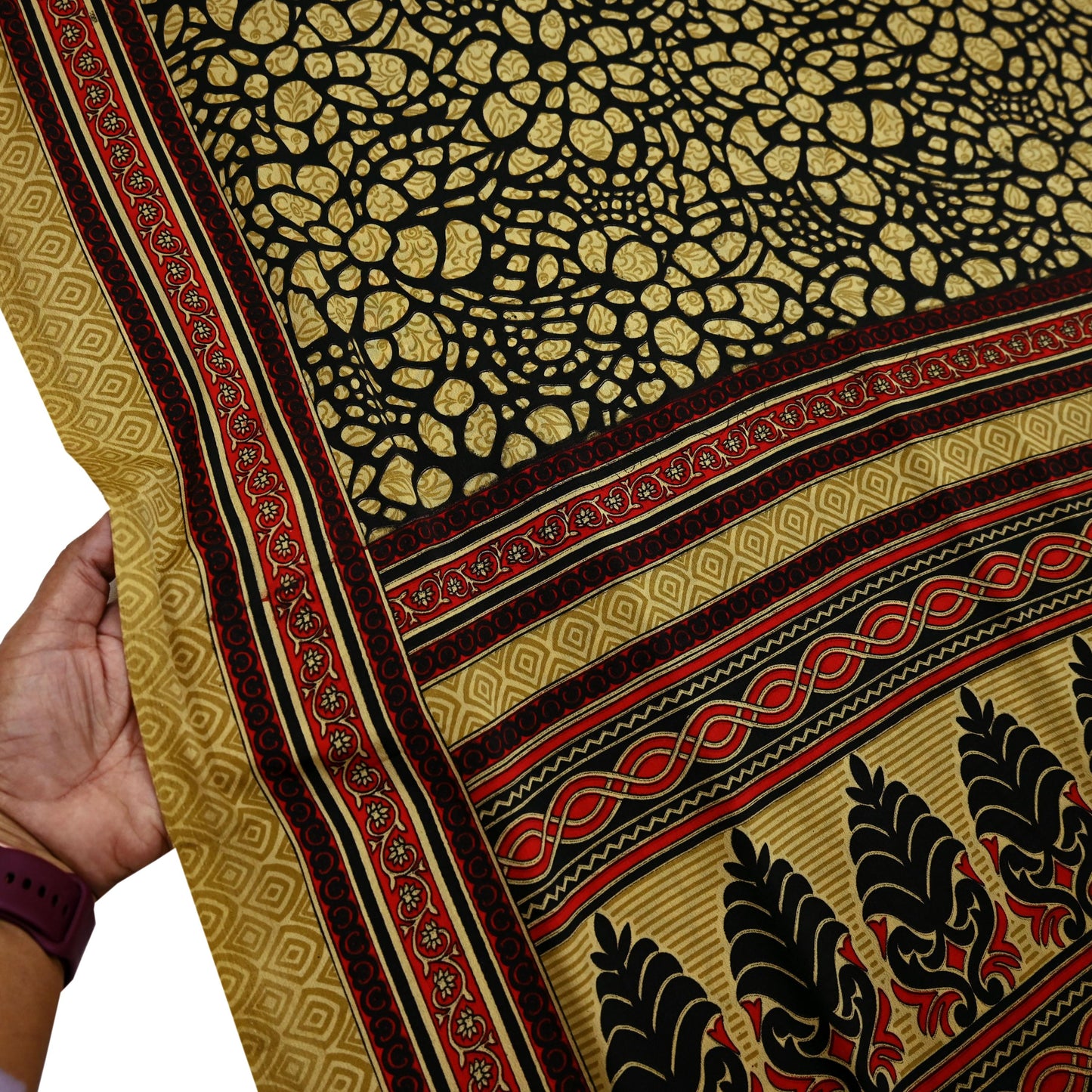 Indian Vintage Saree Beige & Black Moss Crepe Printed Sari | 5 Yards | Polka Dot Soft Fabric for Sewing, Dressmaking, Crafting, Quilting