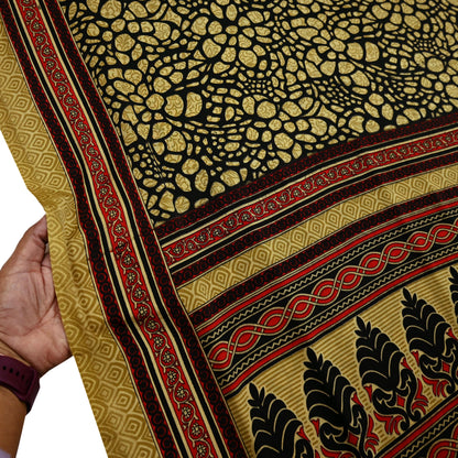 Indian Vintage Saree Beige & Black Moss Crepe Printed Sari | 5 Yards | Polka Dot Soft Fabric for Sewing, Dressmaking, Crafting, Quilting