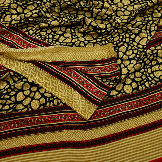 Indian Vintage Saree Beige & Black Moss Crepe Printed Sari | 5 Yards | Polka Dot Soft Fabric for Sewing, Dressmaking, Crafting, Quilting