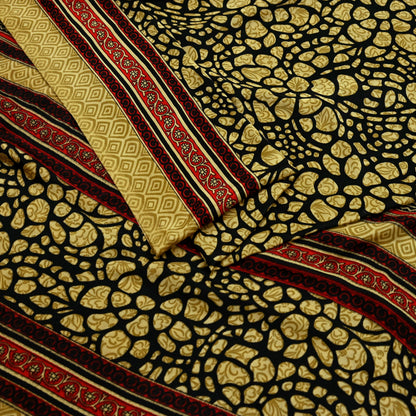 Indian Vintage Saree Beige & Black Moss Crepe Printed Sari | 5 Yards | Polka Dot Soft Fabric for Sewing, Dressmaking, Crafting, Quilting