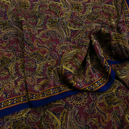Indian Vintage Maroon Pure Crepe Silk Printed Saree | 5 Yards | Floral Craft Fabric | Soft Drape for Sewing,Dressmaking, Quilting &Upcycling