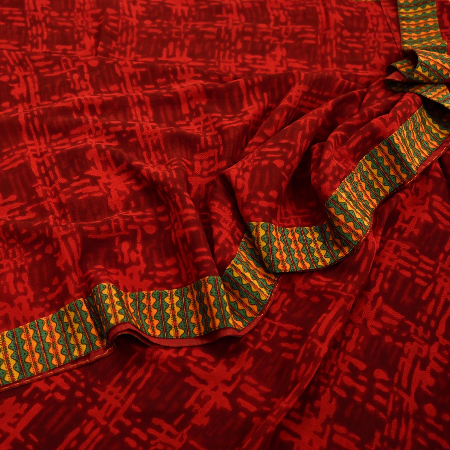 Indian Vintage Maroon & Red Pure Georgette Silk Sari | 6 Yards Abstract Printed Fabric | Boho Wrap, Craft, Quilting, Dressmaking, Upcycle