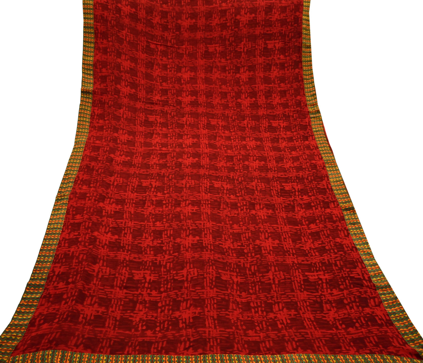 Indian Vintage Maroon & Red Pure Georgette Silk Sari | 6 Yards Abstract Printed Fabric | Boho Wrap, Craft, Quilting, Dressmaking, Upcycle