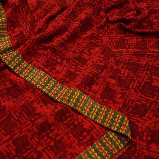 Indian Vintage Maroon & Red Pure Georgette Silk Sari | 6 Yards Abstract Printed Fabric | Boho Wrap, Craft, Quilting, Dressmaking, Upcycle