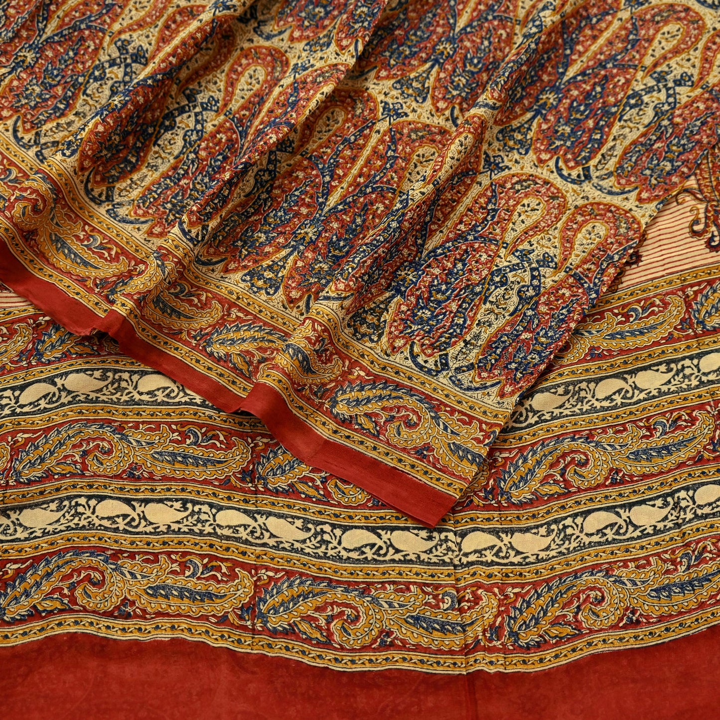 Indian Vintage Beige Pure Georgette Silk Sari | 5 Yards Block Printed Paisley Fabric | Sewing, Quilting, Dressmaking & Upcycle Crafts