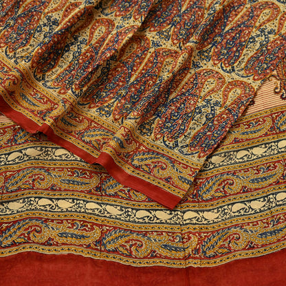 Indian Vintage Beige Pure Georgette Silk Sari | 5 Yards Block Printed Paisley Fabric | Sewing, Quilting, Dressmaking & Upcycle Crafts