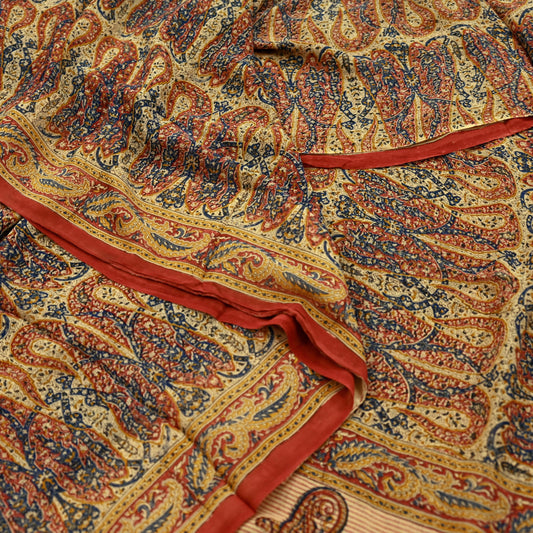 Indian Vintage Beige Pure Georgette Silk Sari | 5 Yards Block Printed Paisley Fabric | Sewing, Quilting, Dressmaking & Upcycle Crafts