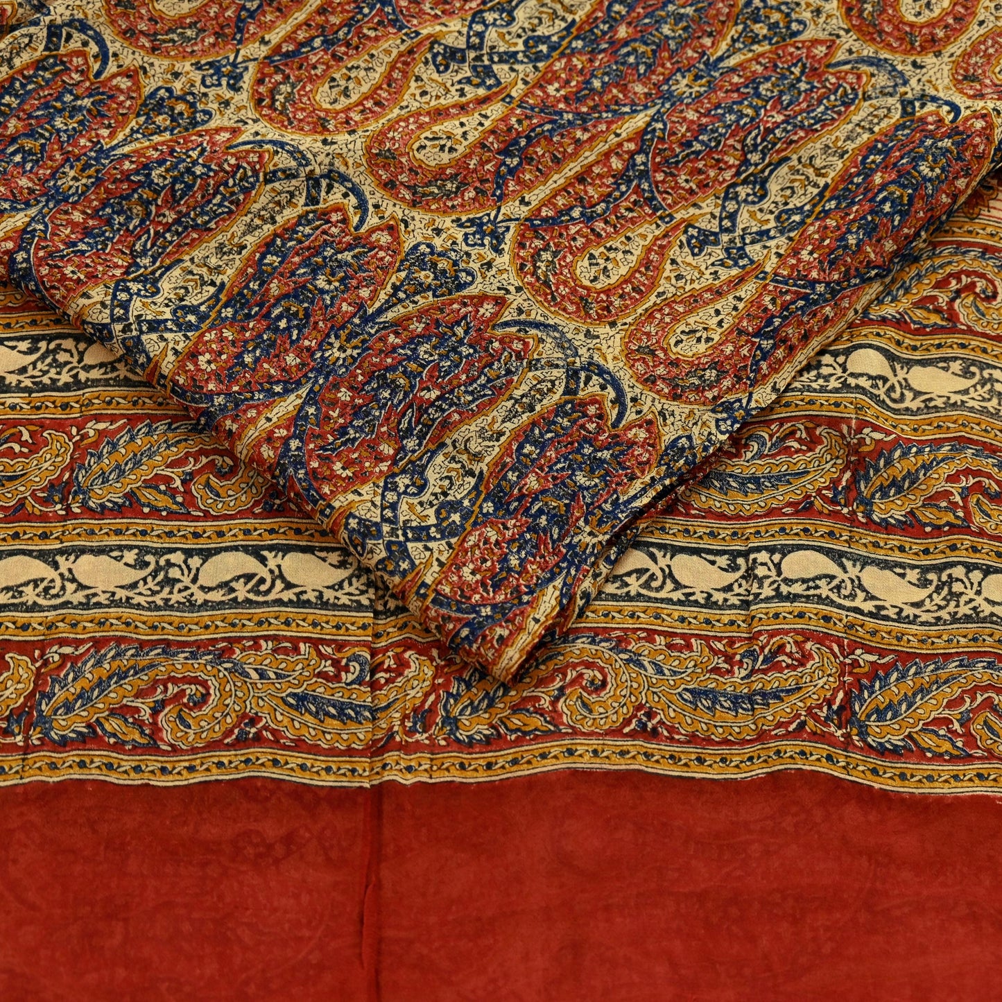 Indian Vintage Beige Pure Georgette Silk Sari | 5 Yards Block Printed Paisley Fabric | Sewing, Quilting, Dressmaking & Upcycle Crafts