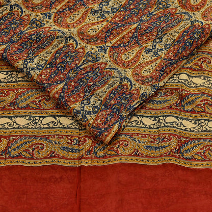 Indian Vintage Beige Pure Georgette Silk Sari | 5 Yards Block Printed Paisley Fabric | Sewing, Quilting, Dressmaking & Upcycle Crafts