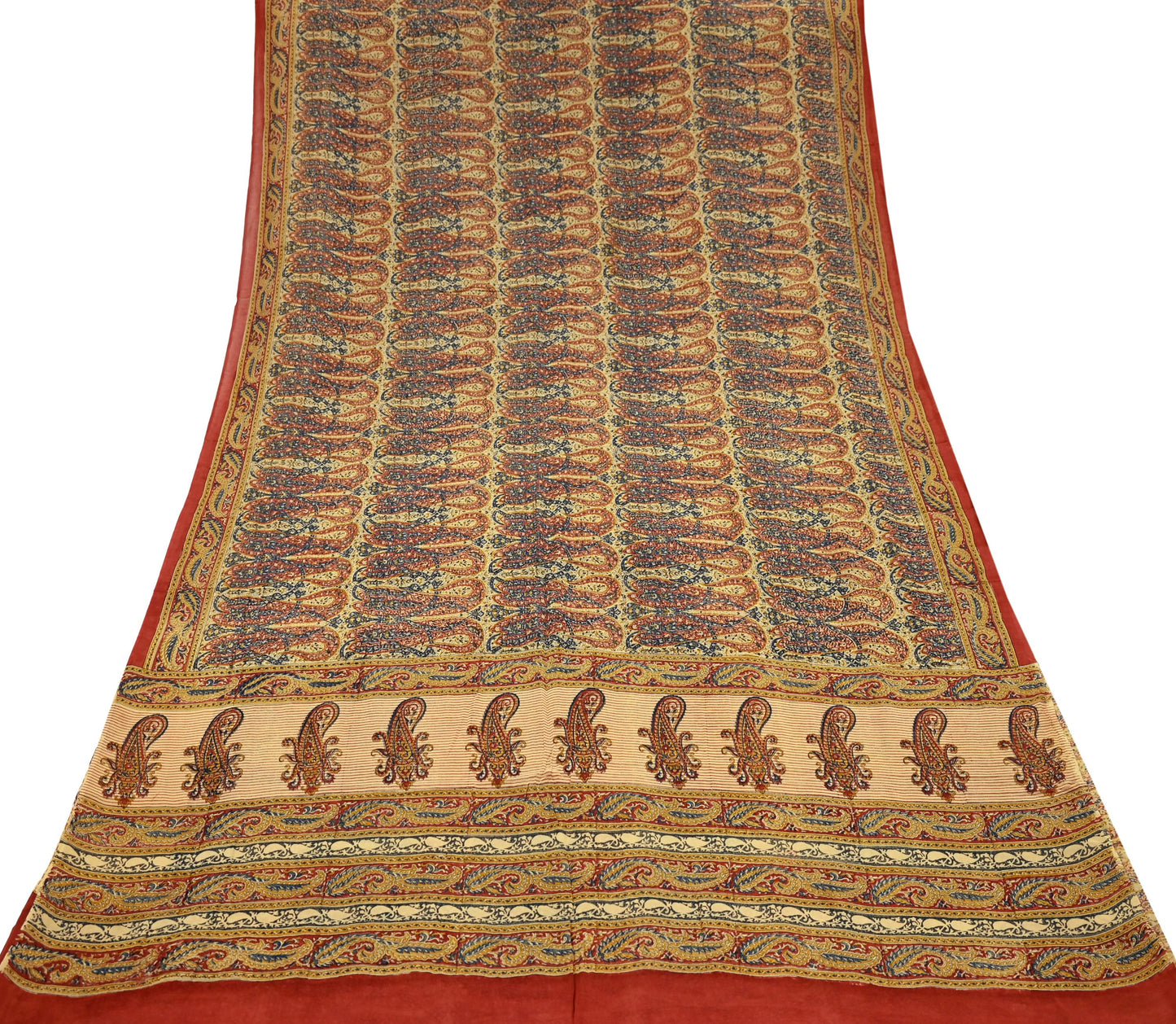 Indian Vintage Beige Pure Georgette Silk Sari | 5 Yards Block Printed Paisley Fabric | Sewing, Quilting, Dressmaking & Upcycle Crafts