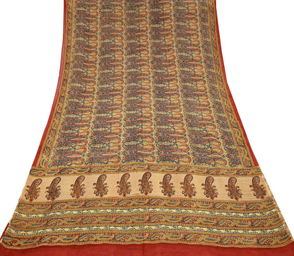 Indian Vintage Beige Pure Georgette Silk Sari | 5 Yards Block Printed Paisley Fabric | Sewing, Quilting, Dressmaking & Upcycle Crafts