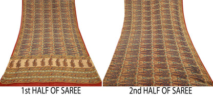 Indian Vintage Beige Pure Georgette Silk Sari | 5 Yards Block Printed Paisley Fabric | Sewing, Quilting, Dressmaking & Upcycle Crafts
