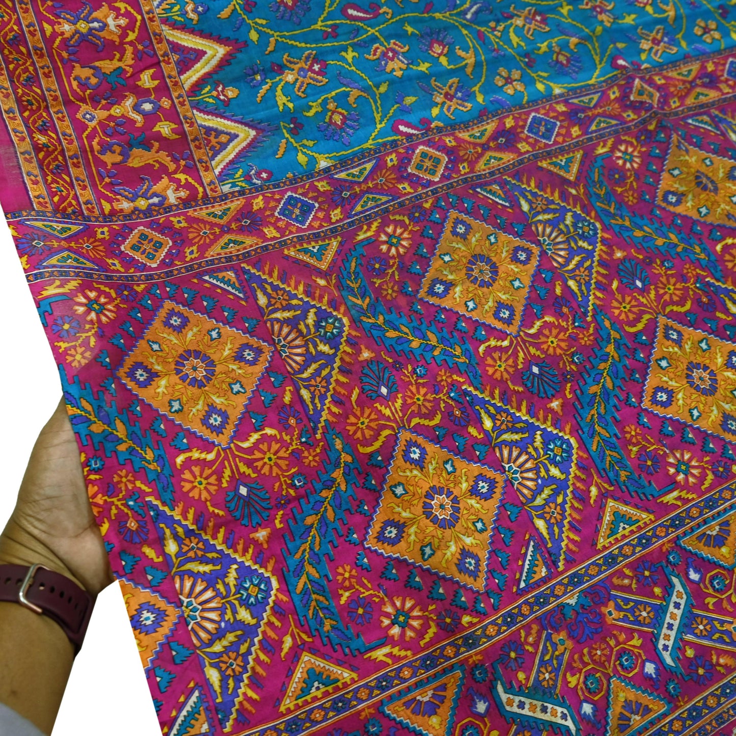 Indian Vintage Pink & Blue Pure Silk Sari | 5 Yards Soft Printed Floral Fabric | Dressmaking, Quilting, Crafting, Sewing, Upcycle Projects