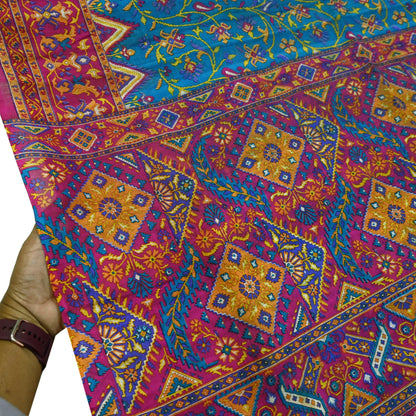 Indian Vintage Pink & Blue Pure Silk Sari | 5 Yards Soft Printed Floral Fabric | Dressmaking, Quilting, Crafting, Sewing, Upcycle Projects