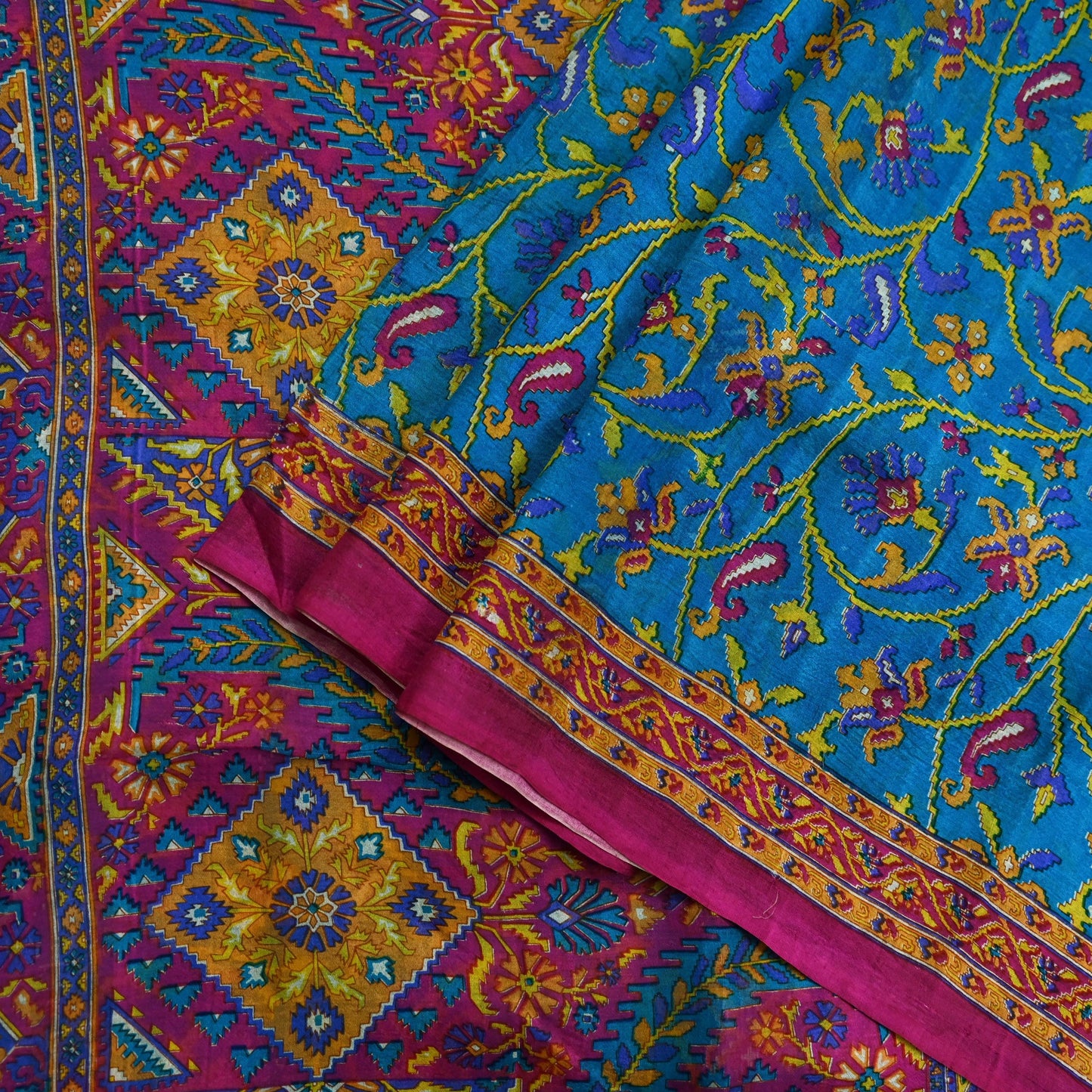 Indian Vintage Pink & Blue Pure Silk Sari | 5 Yards Soft Printed Floral Fabric | Dressmaking, Quilting, Crafting, Sewing, Upcycle Projects