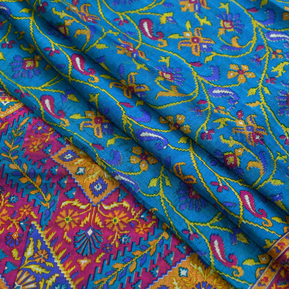 Indian Vintage Pink & Blue Pure Silk Sari | 5 Yards Soft Printed Floral Fabric | Dressmaking, Quilting, Crafting, Sewing, Upcycle Projects