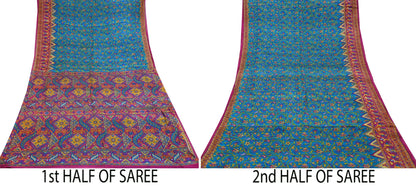 Indian Vintage Pink & Blue Pure Silk Sari | 5 Yards Soft Printed Floral Fabric | Dressmaking, Quilting, Crafting, Sewing, Upcycle Projects