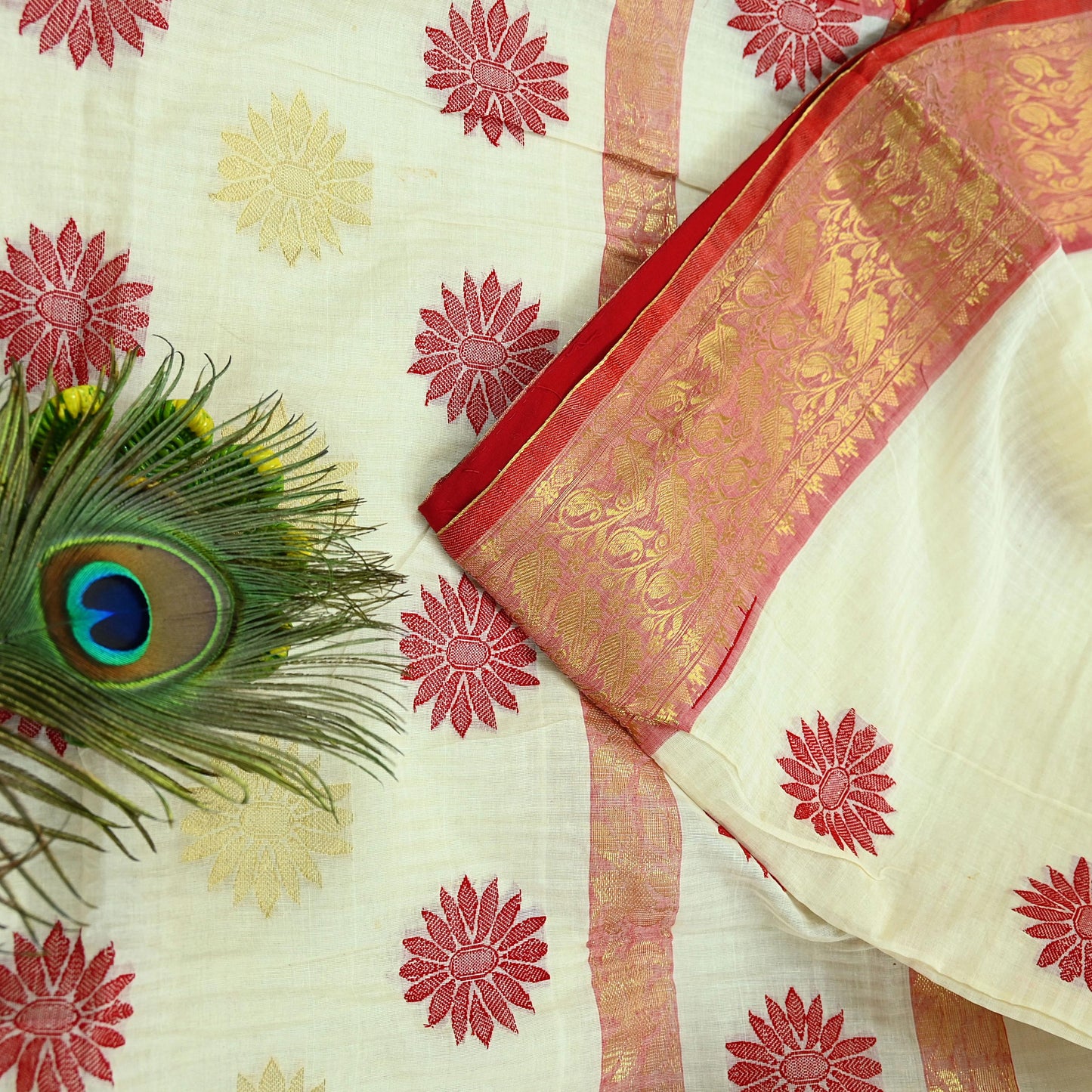 Indian Vintage Sarees Ivory Pure Cotton Hand Woven Sari 5yd Ethnic Floral Craft Fabric Dress making Upcycle Crafting Quilting