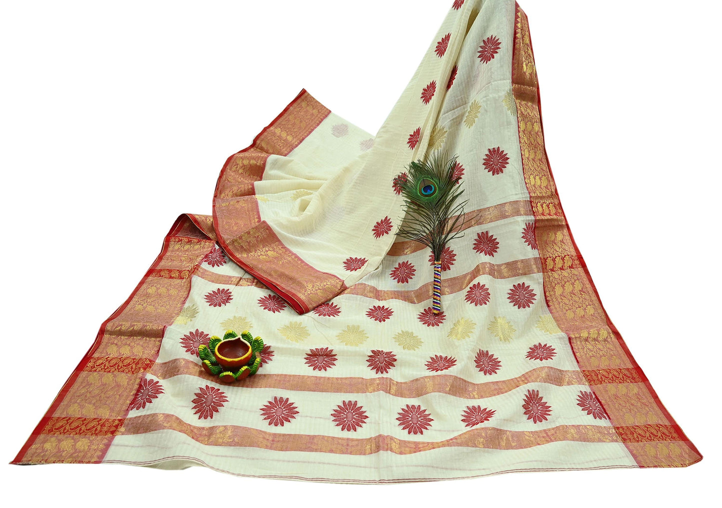 Indian Vintage Sarees Ivory Pure Cotton Hand Woven Sari 5yd Ethnic Floral Craft Fabric Dress making Upcycle Crafting Quilting