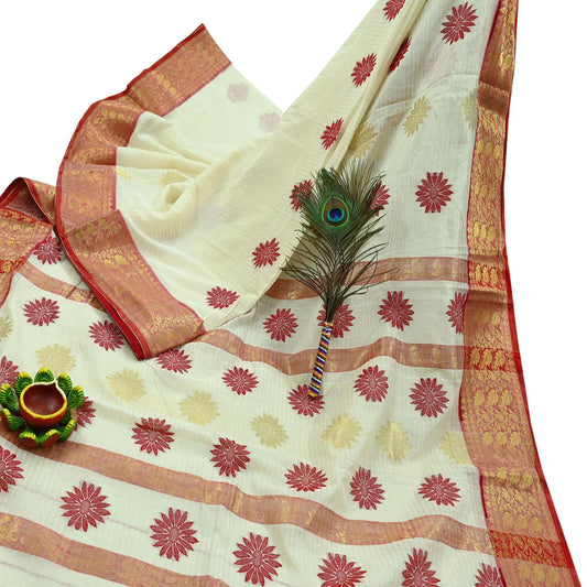 Indian Vintage Sarees Ivory Pure Cotton Hand Woven Sari 5yd Ethnic Floral Craft Fabric Dress making Upcycle Crafting Quilting