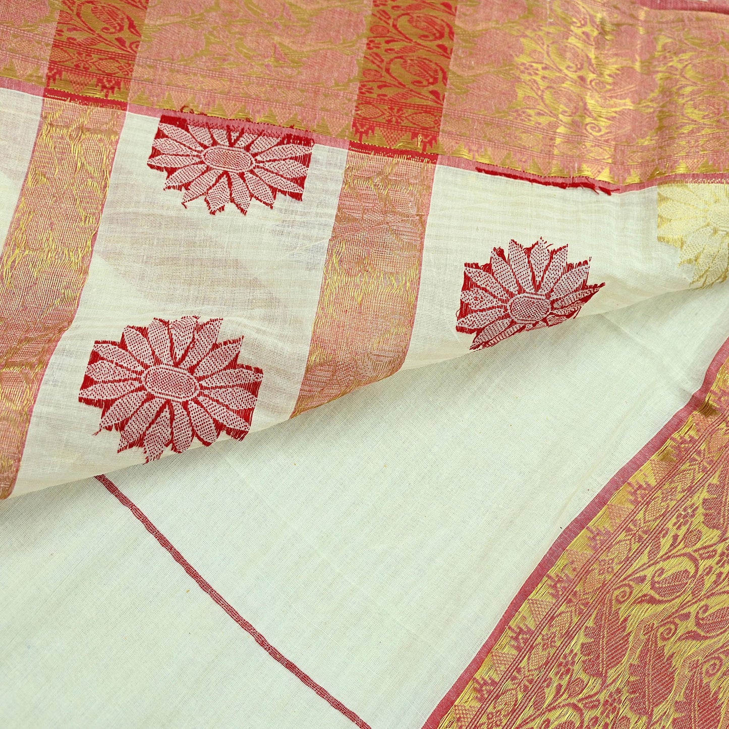 Indian Vintage Sarees Ivory Pure Cotton Hand Woven Sari 5yd Ethnic Floral Craft Fabric Dress making Upcycle Crafting Quilting