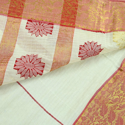 Indian Vintage Sarees Ivory Pure Cotton Hand Woven Sari 5yd Ethnic Floral Craft Fabric Dress making Upcycle Crafting Quilting