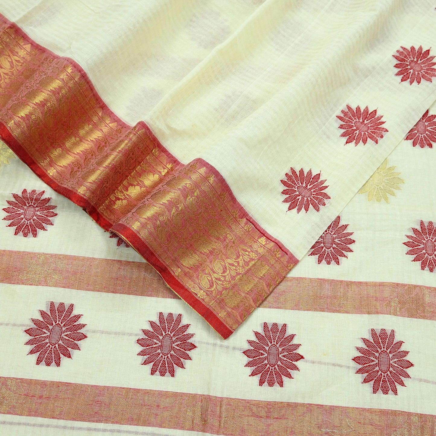 Indian Vintage Sarees Ivory Pure Cotton Hand Woven Sari 5yd Ethnic Floral Craft Fabric Dress making Upcycle Crafting Quilting