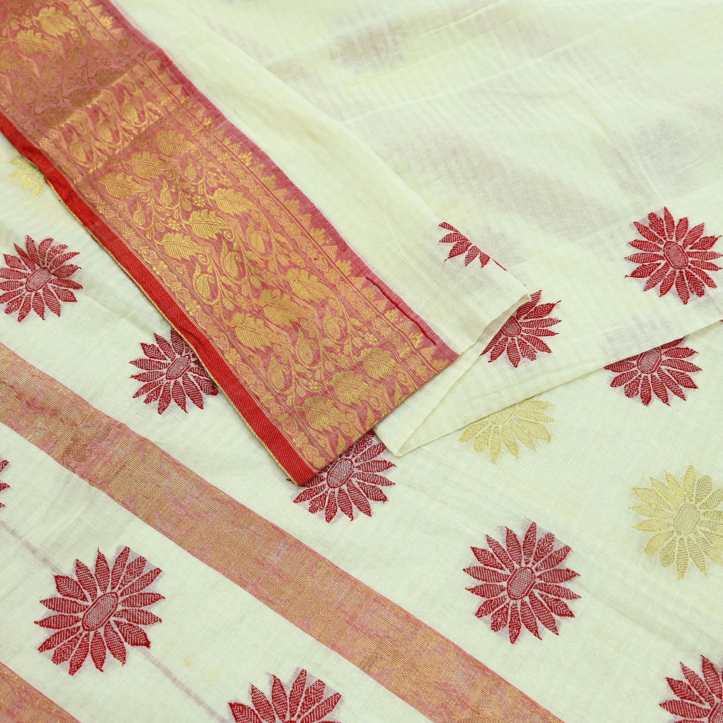 Indian Vintage Sarees Ivory Pure Cotton Hand Woven Sari 5yd Ethnic Floral Craft Fabric Dress making Upcycle Crafting Quilting