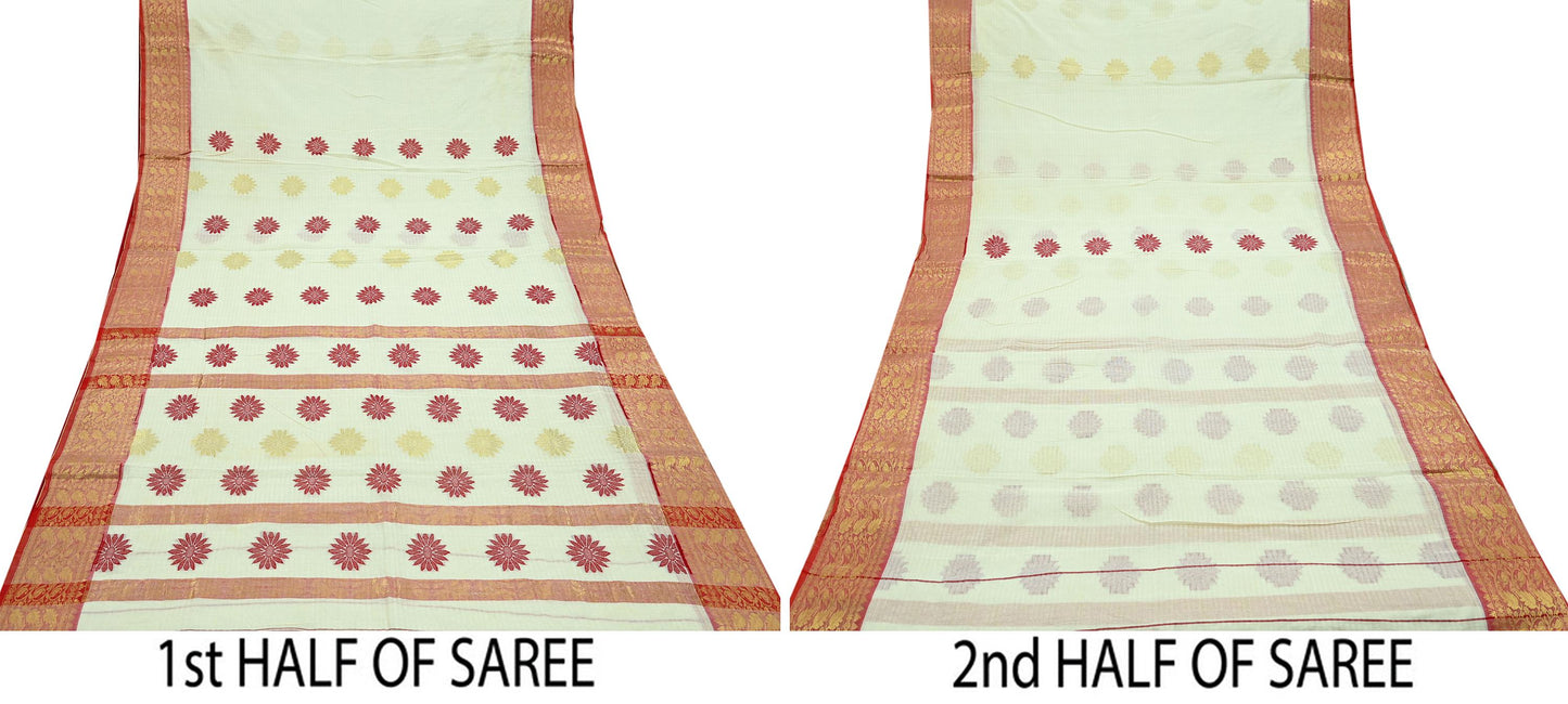 Indian Vintage Sarees Ivory Pure Cotton Hand Woven Sari 5yd Ethnic Floral Craft Fabric Dress making Upcycle Crafting Quilting